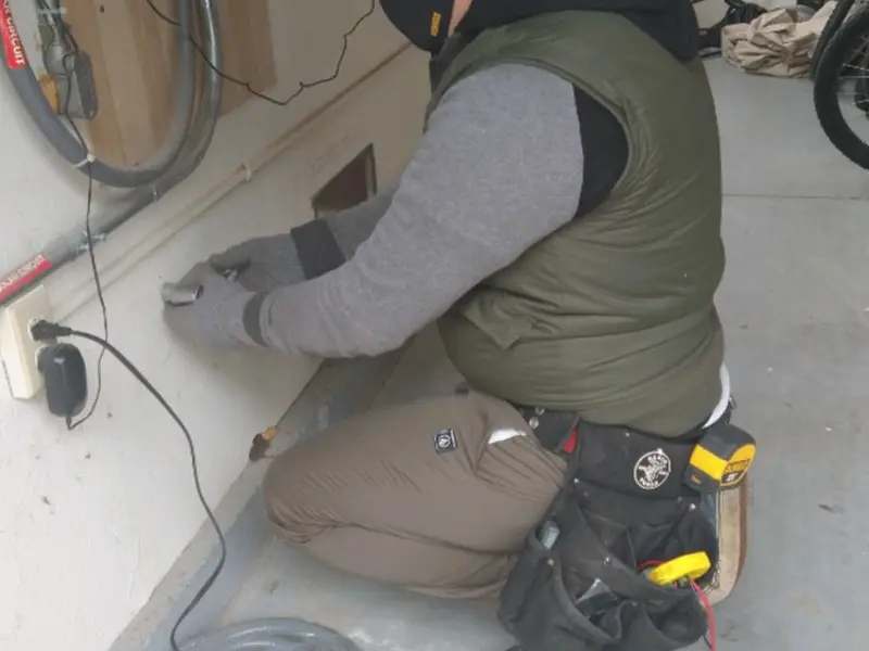 Electrician performing outlet wiring in a Rindge garage